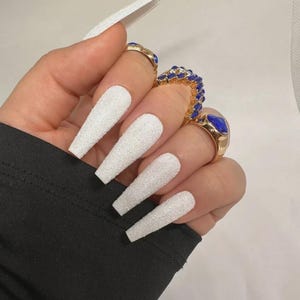 White Glitter Wedding Press On Nails – Long Coffin Bridal Nail Set – Sparkly Elegant Bride Nails – Handmade Reusable Matte Glitter Press Ons