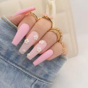 Hand Painted Press On Nails, Spring Summer 3D Flower Nails, Pink Matte Nails, Pink Nails, Press Ons, Nails, Glue on Nails