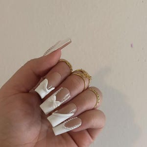 White French Tip Pearl Nails, Press on Nails, Gel Nails, Fake Nails, Wedding Bridal Nails, Bow Nails