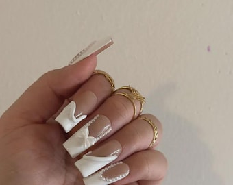 White French Tip Pearl Press On Nails: Bridal Bow Gel Nails