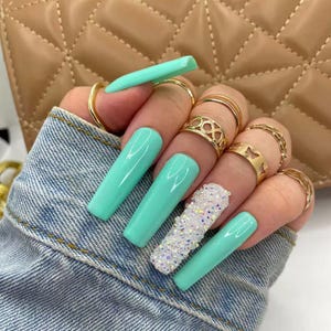 Aqua Blue Press On Nails, Swarovski Bling Nails, Press on Nails, Summer Nails, Blue Nails, Glue on Faux Nails