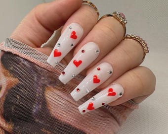 Red Heart Rhinestone Press On Nails: Long Coffin Valentine's Day Nails