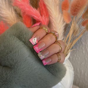 Hot Pink French Tip Press On Nails, Duck Nails, 3D Kawaii Nails – Rhinestone Charm Nails, Flowers