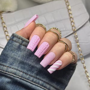 Press On Nails, Glue On Nails, Press Ons, Christmas Nails, Pink and White Nails, Nails, Holiday Glitter Nails
