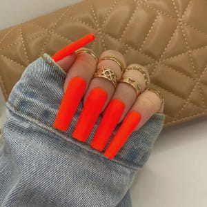 Neon Orange Press on Nails, Neon Nails, Press Ons, Press On Nails, Summer Nails, Nails, Tapered Square Nails, Gel Nails