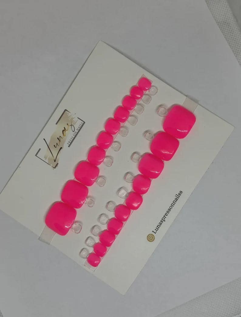 Neon Pink Press On Toenails – Glossy Summer Toe Nails – DIY Pedicure – Bright Pink Toenails – Vacation Ready Nail Set