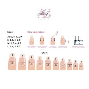 May include: A diagram for press-on nails, featuring a logo and instructions. The chart shows nail sizes with measurements in millimeters. Instructions include how to measure nail size using tape and a pen. Sizes are listed as XS, S, M, and L.