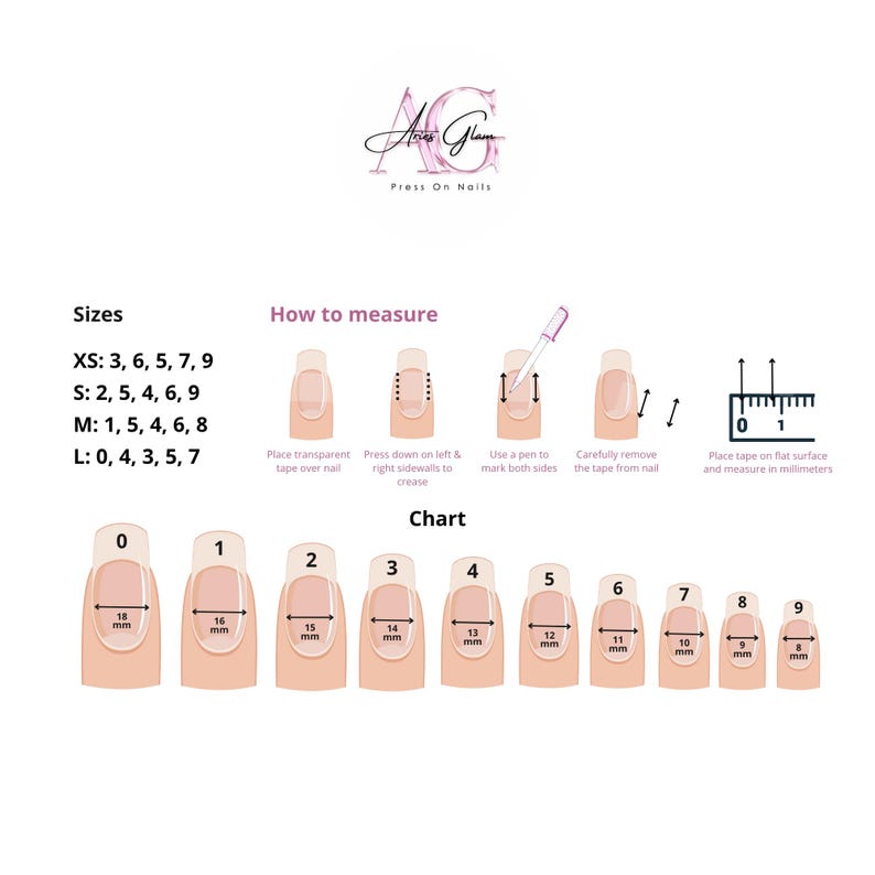 May include: A diagram for press-on nails, featuring a logo and instructions. The chart shows nail sizes with measurements in millimeters. Instructions include how to measure nail size using tape and a pen. Sizes are listed as XS, S, M, and L.