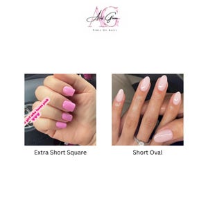 May include: Image showcasing two sets of press-on nails. One set features extra short square nails in a vibrant pink hue. The other set displays short oval nails in a soft, pale pink shade. The brand logo "Aries Glam Press On Nails" is at the top.