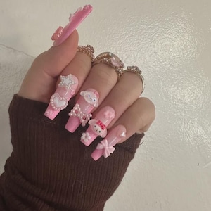 Pink Kawaii Press On Nails – 3D Pink Charm Nails – Handmade Kawaii-Inspired Nails – Pearls, Bows & Hearts – Girly Cute Nails