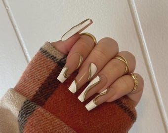 White and Gold Chrome Press On Nails: 3D Luxury Party Nails