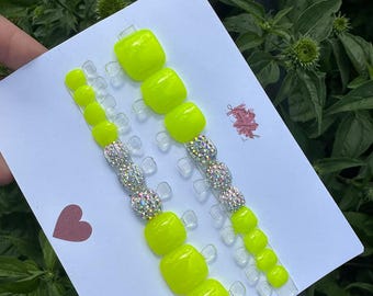 Neon Green Rhinestone Press On Toenails – Luxury Toe Nail Set – Bling Green Pedicure - Glue on Toenails – Summer Vacation Nails