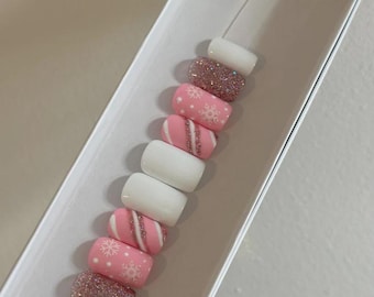 Christmas Press On Nails: Pink Glitter Candy Cane Snowflake Holiday Nails
