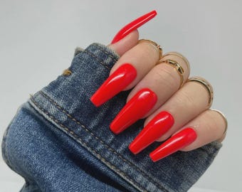 Hand Painted Red Press On Nails, Long Matte or Glossy, Glue On