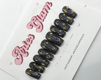 Uñas postizas pintadas a mano, ojo de gato verde, luna y estrella, uñas galácticas