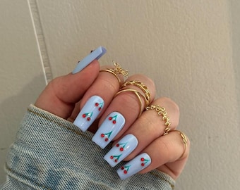 Blue Cherry Press On Nails, Handmade Glue On Nails