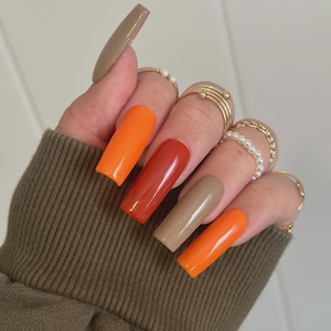 Press On Nails, Orange Brown Gradient Nails, Orange Nails, Fall Nails, Glue On Nails, Press Ons, Gift for Her