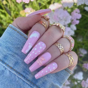 Hand Painted Press On Nails, Baby Shower Nails, Gender Reveal Nails, Baby Girl, Glue On Nails, Press Ons, Pink Teddy Bear Nails