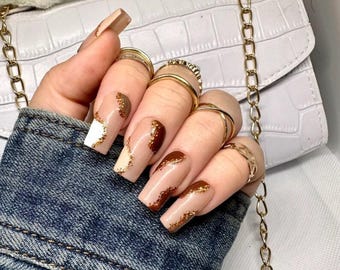 Brown Swirl Press On Nails: Chocolate Gold Glitter, Long Coffin Shape