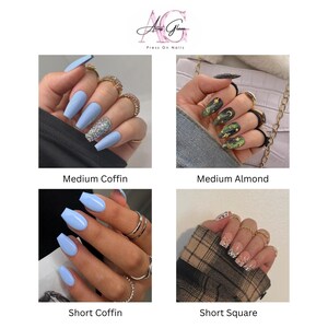 May include: A collage of four different press-on nail designs. The top left shows medium coffin nails in a light blue, with one accent nail covered in glitter. The top right shows medium almond nails with a black base and gold star and moon designs. The bottom left shows short coffin nails in light blue. The bottom right shows short square nails with a white French tip and small white square designs.