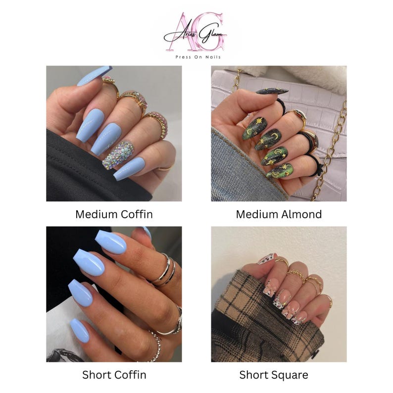 May include: A collage of four different press-on nail designs. The top left shows medium coffin nails in a light blue, with one accent nail covered in glitter. The top right shows medium almond nails with a black base and gold star and moon designs. The bottom left shows short coffin nails in light blue. The bottom right shows short square nails with a white French tip and small white square designs.