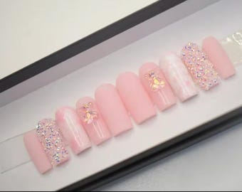 Swarovski Crystal Press On Nails: Pink Teddy Bear Valentine's Day Set
