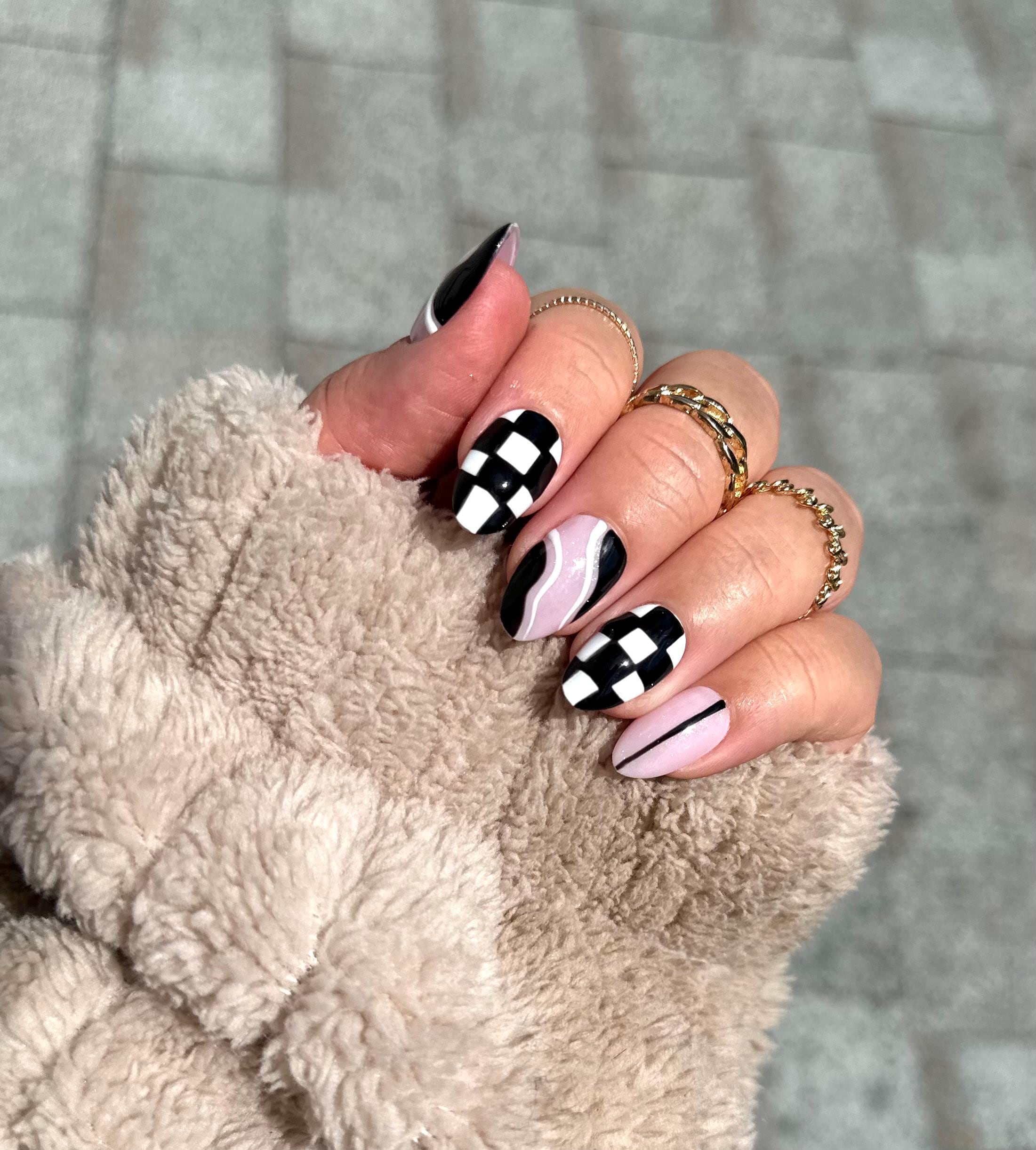 Hand Painted Press on Nail Set, Black White Checkered Retro