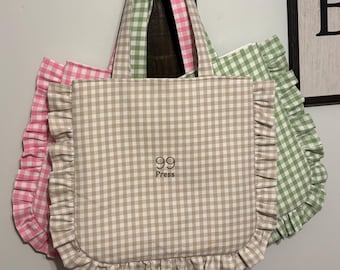 Gingham Ruffle Tote Bag | Quilted Tote Bag | Book Tote | Market Tote | Handmade Shoulder Bag | Carry all Bag | Library Bag | Book Lover Gift