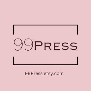 May include: A logo on a light pink background. The logo features the text "99PRESS" in a serif font, enclosed within a black rectangular frame. Below the logo is the text "99Press.etsy.com".