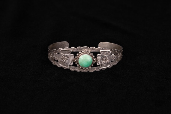 Vintage Silver Cuff Bracelet – Turquoise Stone, E… - image 1