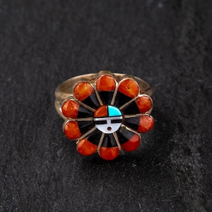 Coral, Onyx, and Turquoise Inlay Ring