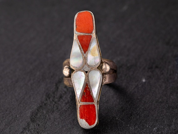 Coral and Abalone Inlay Ring - image 1
