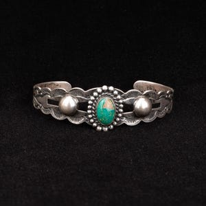Coin Silver Turquoise Cuff Bracelet - Southwest Jewelry - Vintage Jewelry