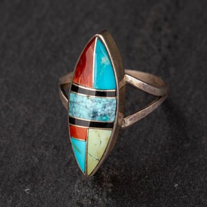 Onyx, Coral, and Turquoise Inlay Ring
