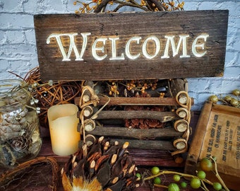 Welcome sign, wooden signs, rustic decor, whimsical font, enchanting design