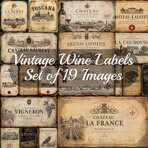 May include: A set of 19 vintage wine labels, each with a unique design and text. The labels showcase illustrations of vineyards, chateaus, and bottles, with text including "Chateau La France" and "Vintage Wine Labels Set of 19 Images."
