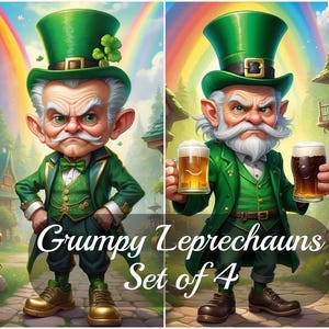 Op de afbeelding: Set van vier illustraties van chagrijnige kabouters. Elke kabouter draagt een groen pak, een groene hoge hoed en heeft een witte baard. Sommigen houden bierglazen vast. De tekst "Grumpy Leprechauns Set of 4" is zichtbaar.