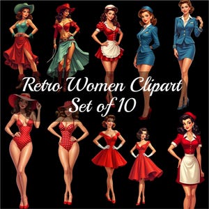 Set di 10 clipart di donne retrò da scaricare digitalmente
