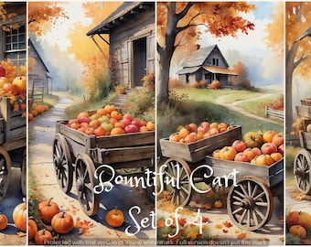 May include: A set of four watercolor prints depicting autumn scenes. Each print shows a wooden cart overflowing with pumpkins and apples, set against a backdrop of rustic buildings and fall foliage. The text "Bountiful Cart Set of 4" is visible.