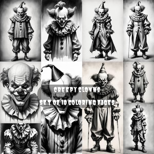 Páginas para colorir Creepy Clowns Greyscale Download digital Conjunto de 10