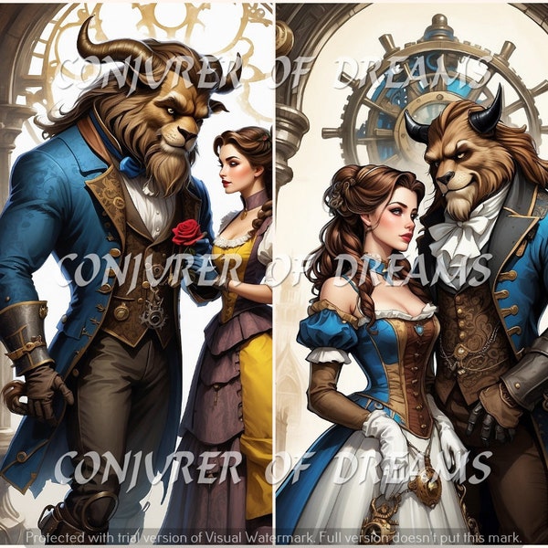 Beauty and the Beast Fairytale Steampunk Style AI Art Digital Download Set of 4