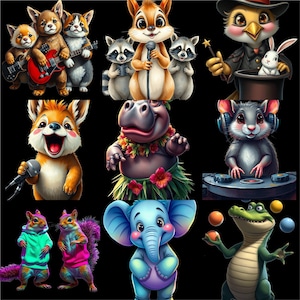 Descarga digital de 9 PNG con 2 imágenes adicionales de animales en el escenario.