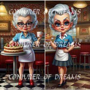 May include: Four illustrations of a woman in a diner setting. Each illustration features the woman in a different outfit and holding a different item. The woman is wearing a white apron and a red and white skirt. She is holding a plate of food, a cup of coffee, a cake, and a plate of cookies.