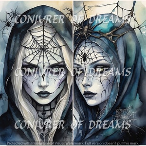 May include: Four digital paintings of women with spiderwebs on their faces. Each woman is wearing a dark hooded cloak and has a spider on her forehead. The background is a dark blue and purple.