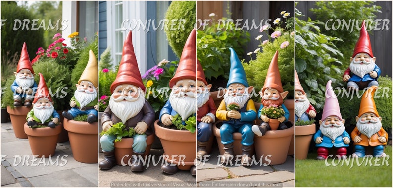 Gnome Pots Art Digital Download Set of 4 image 1