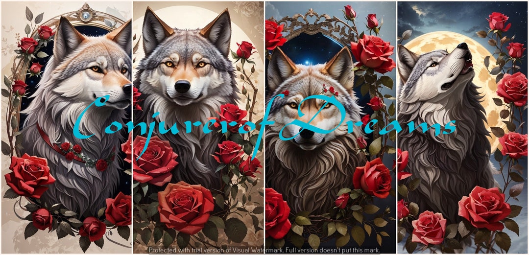 Wolf and Roses AI Art Digital Download Set of 4 - Etsy