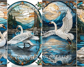 Stained Glass Swans AI Art Digital Download Set of 4