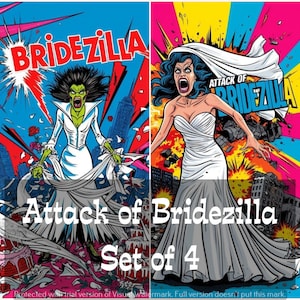 Puede incluir: Un conjunto de cuatro portadas de cómics con un monstruo femenino verde vestido con un vestido de novia blanco. Las portadas se titulan "Attack of Bridezilla" y presentan un fondo colorido de estilo cómic.