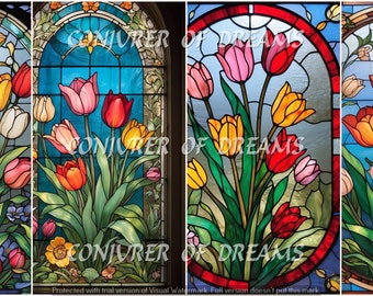 Stained Glass Tulips AI Art Digital Download Set of 4
