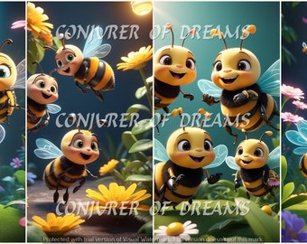 Buzzing Bees AI Art Digital Download Set of 4